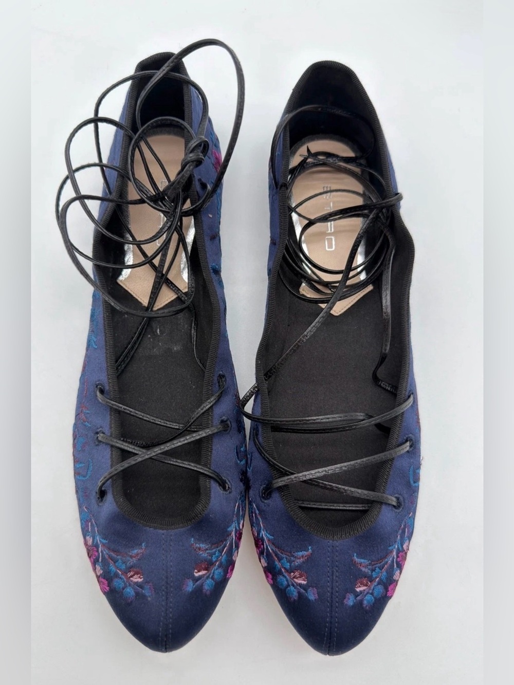 ETRO Women’s Navy Blue Satin Floral Lace-Up Ballet Flats NEW IN BOX 37.5